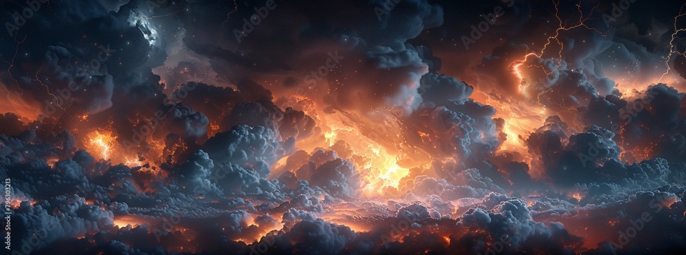 An ominous, dark cloud texture with flashes of lightning background.