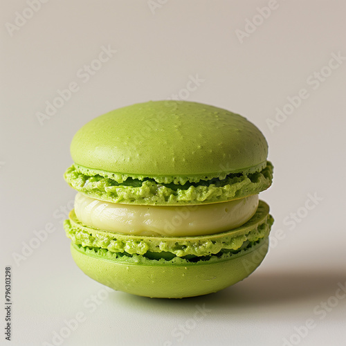 A close-up of one lime macaron mashed, showing its texture and vibrant green color, against a crisp white background.
