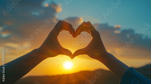 The image shows a heart-shaped sunset. The warm colors of the sunset and the heart-shape create a romantic and peaceful feeling.