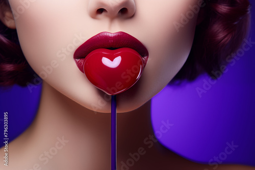 Glossy Red Lips Holding Heart-Shaped Lollipop. Generative AI