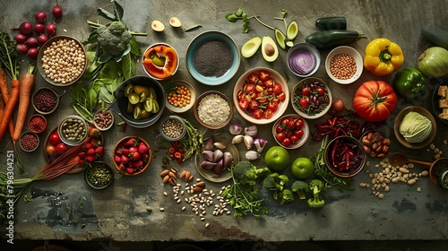 Top view of healthy food ingredients on rustic background. Clean eating concept.