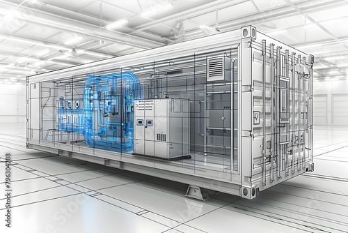 Detailed 3D Blueprint of Modular Data Center Container with Internal Layout and Engineering