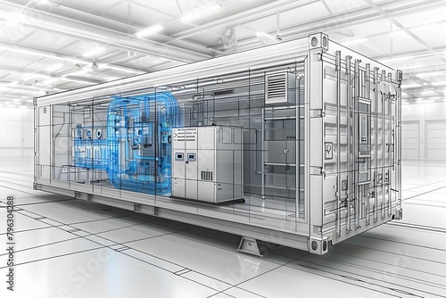 Detailed 3D Blueprint of Modular Data Center Container with Internal Layout and Engineering photo