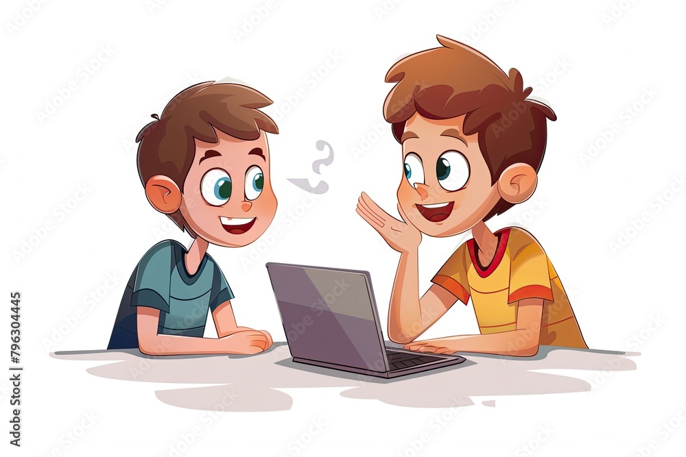 Cartoon Illustration Boy talking to boy working on laptop isolated on white Cartoon Illustration Boy talking to boy working on laptop isolated on white