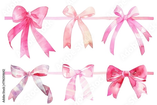 A set of pink bows on a white background. Perfect for gift wrapping or craft projects