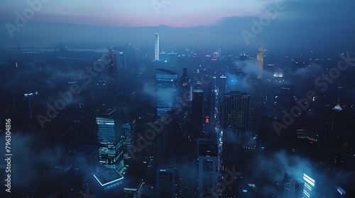 A stunning aerial view of a modern city at night. The city is shrouded in a thick layer of fog  which gives it an ethereal and mysterious appearance.