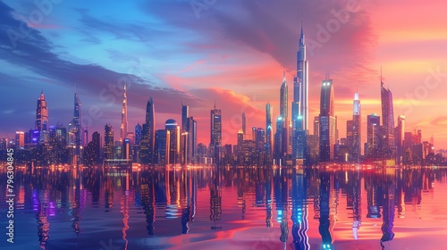 A stunning cityscape of a modern city with skyscrapers and a beautiful sunset reflecting off the water.