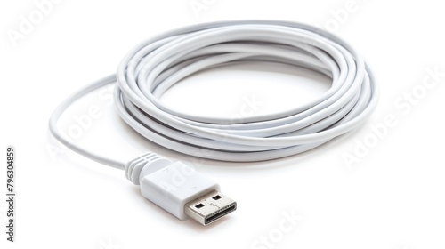 Closeup a white USB data transfer cable on a white background. AI generated © saifur