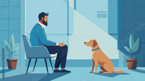 A man sitting in a hospital waiting room a therapy dog sitting patiently by his side the mans hand resting on the dogs paw as he finds a sense photo