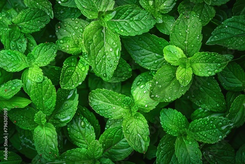 Close-up of green leaves covered in water droplets, perfect for nature backgrounds