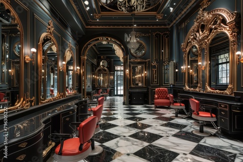 Regal Black and Gold Salon Interior with Red Chairs 