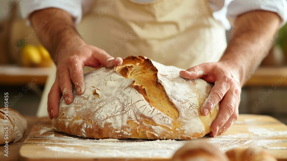 Baker's hands holding a freshly baked bread. The bread is covered in flour and has a golden brown crust.