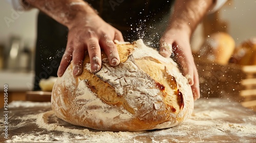 Baker kneading dough, making fresh bread in a bakery. photo