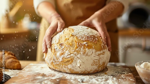 Close-up of a baker's hands holding a freshly baked loaf of bread. The bread is covered in flour and the baker is dusting it off. photo