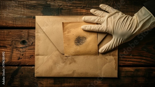 A manila evidence envelope sits on top of a weathered wooden table the contents labeled and meticulously organized. One end of the envelope is slightly open revealing a set of fingerprints .