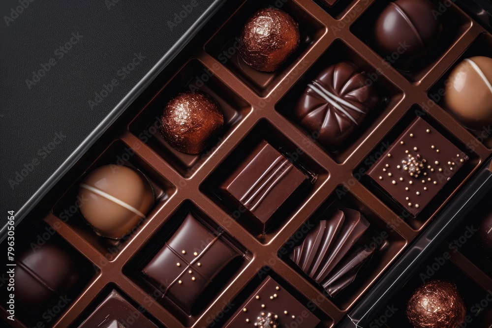 Obraz premium Chocolate Box on Dark Background. Sleek and Modern Design Artisan Chocolate. 