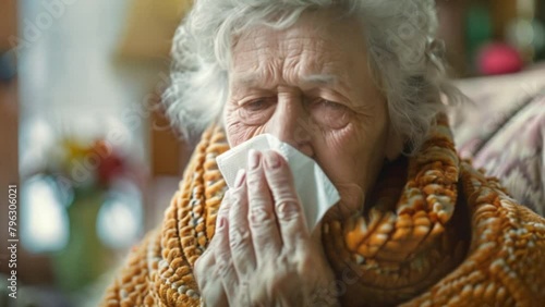 An elderly woman resting at home struggles with the inconvenience of a seasonal illness. She wore a blanket and sneezed into a tissue. To overcome the flu with agility and grace despite discomfort. photo