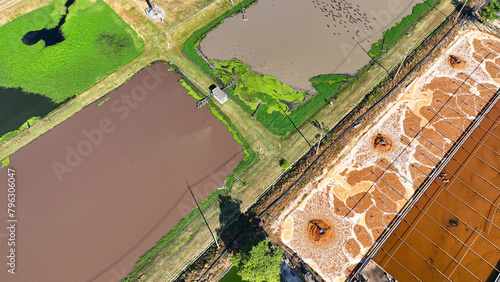 The industrial wastewater treatment pond employs biological and chemical processes to remediate effluents. Microorganisms break down contaminants, while chemicals precipitate impurities. Aerial view. 