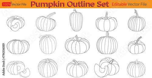 Pumpkin set of ripe pumpkins, leaves, pumpkin slices, seeds. Vector illustration in a flat style on a white background. Pumpkin line art vector illustration