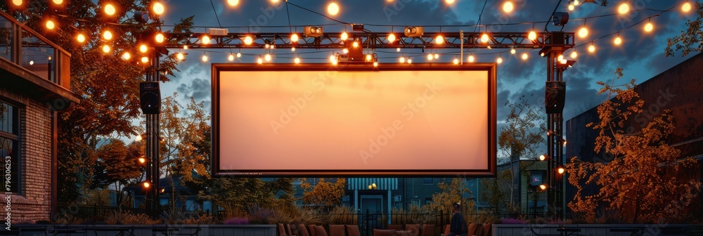 blank white screen outdoors in green grass park. outdoor cinema, big screen show. ai generated blank white screen outdoors in green grass park. outdoor cinema, big screen show. ai generated