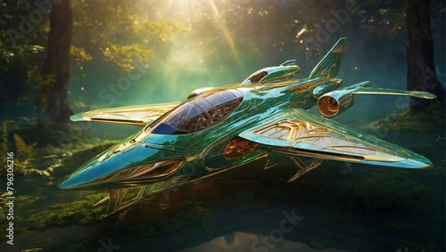 A mesmerizing watercolor painting of a solarpunk astral aircraft gleaming with vibrant colors © Mulyadi Lim