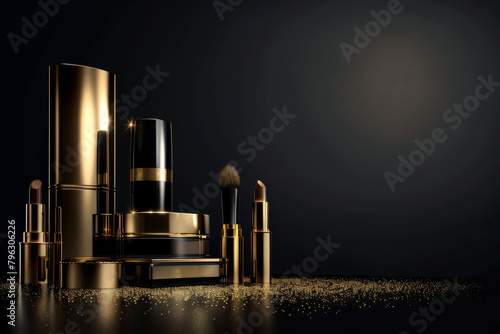 Cosmetic Set on Dark Background. Sleek and Modern Design Makeup Collection. photo