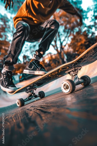 A skateboarder performs a trick at a skate park, captured in dynamic motion