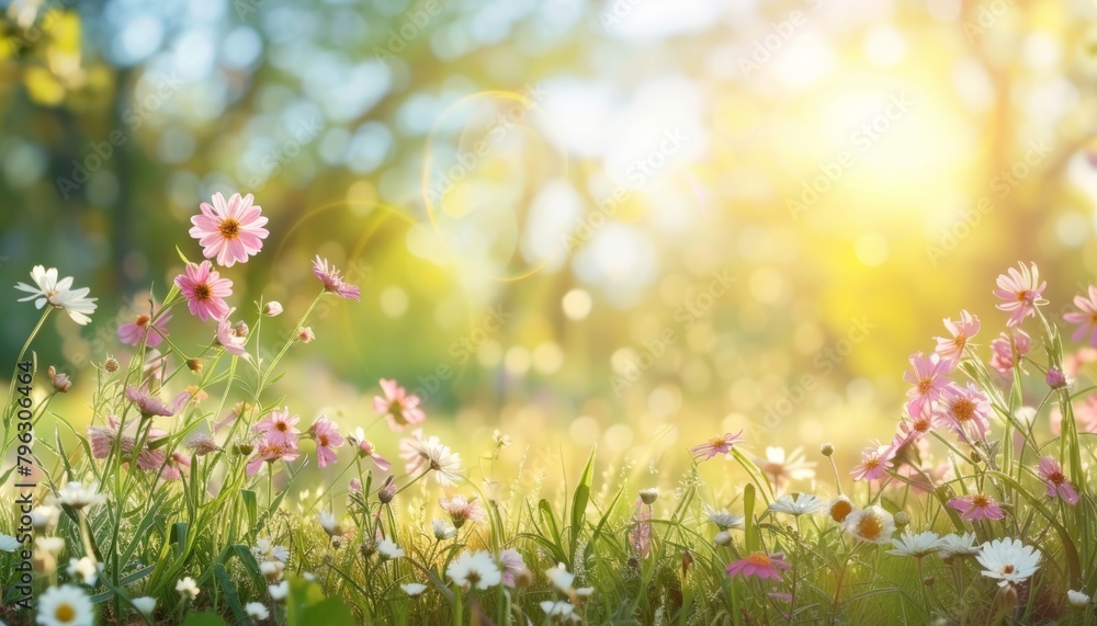 Blurred spring meadow with sunny sky gradient and defocused bokeh for serene natural backgrounds