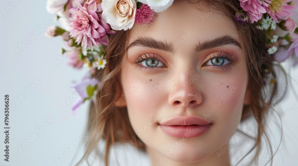 A woman with a flower headband and makeup on her face A woman with a flower headband and makeup on her face