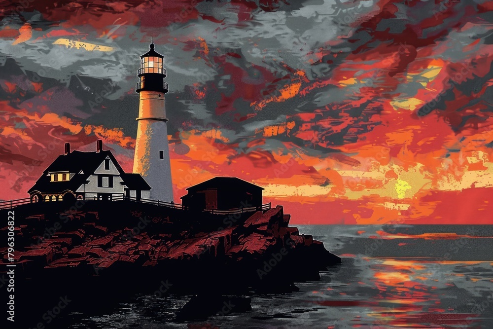 A painting of a lighthouse on a rocky island. Suitable for nautical themes