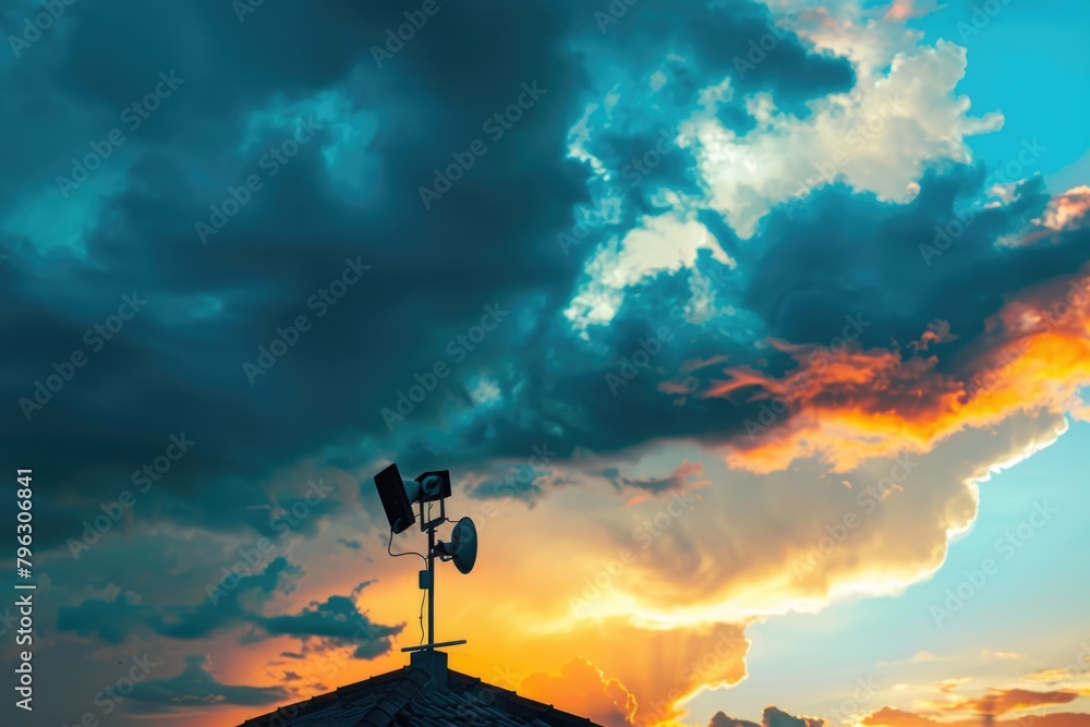 A weather vane on top of a roof under a cloudy sky. Suitable for weather-related themes