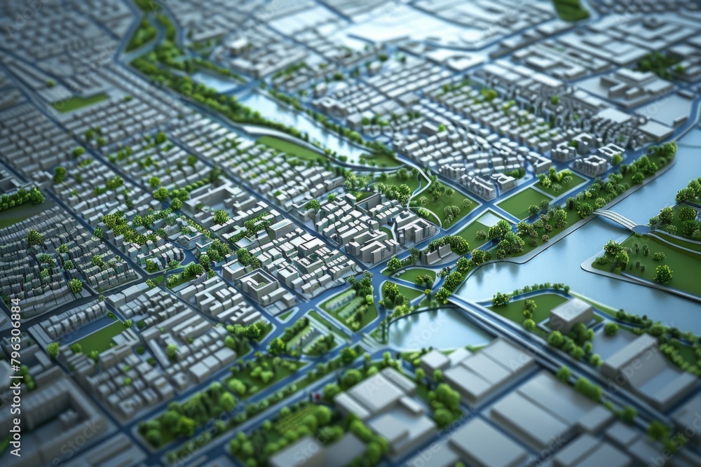 Detailed model of a city with a river, suitable for urban planning projects Detailed model of a city with a river, suitable for urban planning projects
