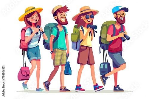 Cartoon Illustration Happy tourists walking with bags binoculars isolated on white © Barra Fire