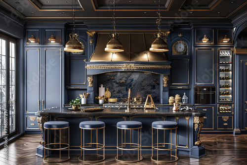 A chic kitchen with navy blue cabinets and gold accents.