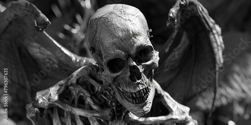 A black and white photo of a skeleton with wings. Suitable for Halloween or spooky themed designs photo