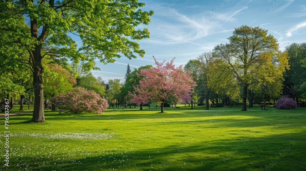 Sunny day in a lush green park with blooming trees