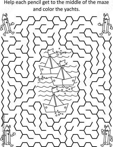 Maze game and coloring page with pencils and yachts
