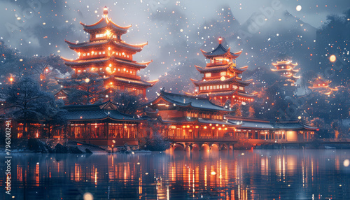 Traditional Chinese architecture, sparkling with twinkling stars, generative ai