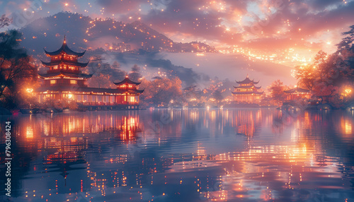 Traditional Chinese architecture  sparkling with twinkling stars  generative ai