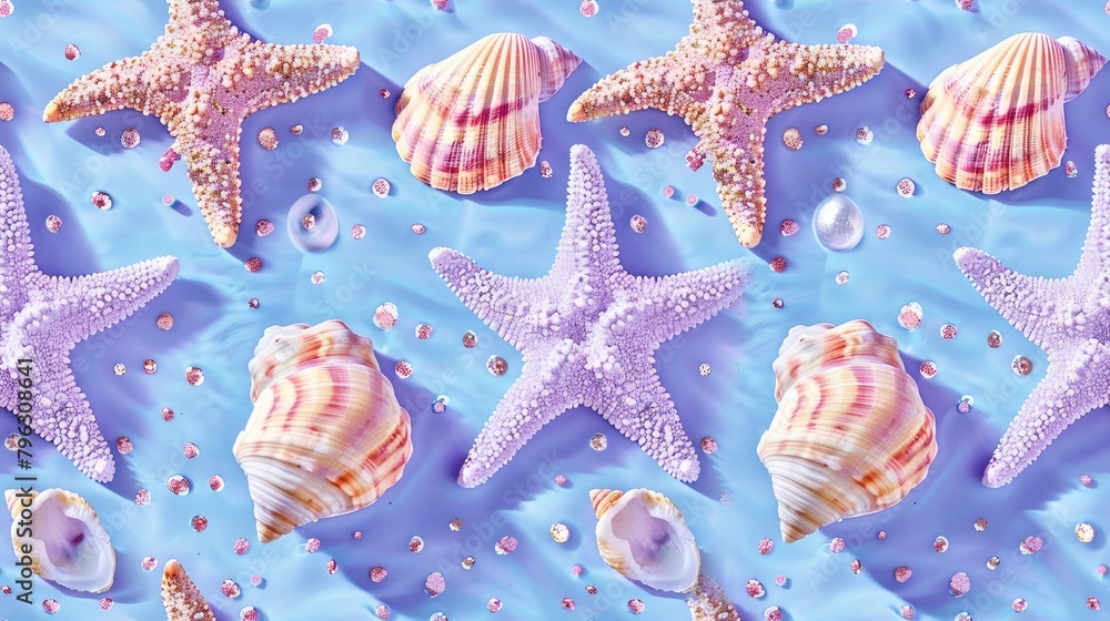 A beautiful pattern of glittery starfish and shells on a blue background, in pastel purple, pink, and silver colors