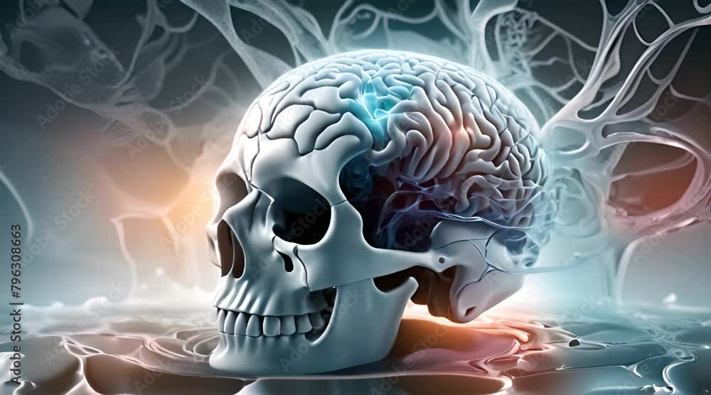 Abstract human skull revealing the intricate structure of the brain, showcasing the complex neurological system within the human head Abstract human skull revealing the intricate structure of the brain, showcasing the complex neurological system within the human head