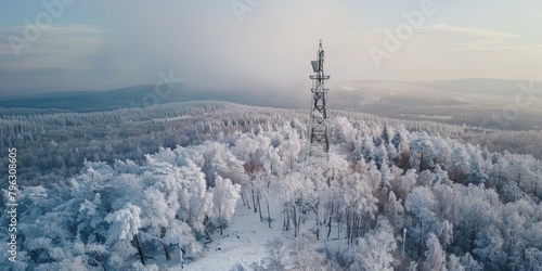 A cell tower standing tall in a snowy forest. Perfect for technology and communication concepts
