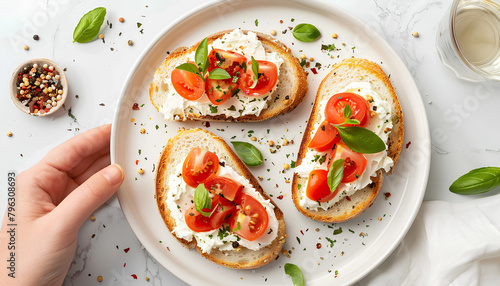 Plate of tasty toasts with cream cheese on white tile background