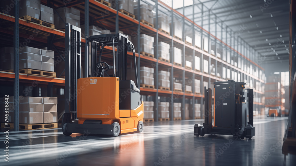 automatic forklift doing storage in warehouse, robotic work in industrial logistics with the help of artificial intelligence automatic forklift doing storage in warehouse, robotic work in industrial logistics with the help of artificial intelligence
