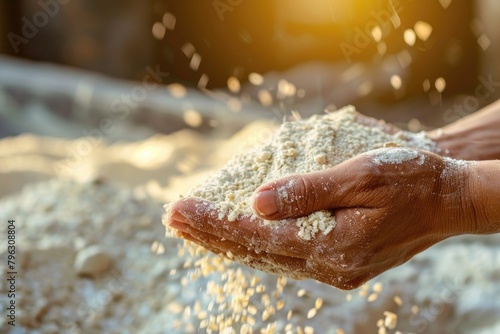 A person sprinkling flour onto a pile of rice. Suitable for food preparation concepts