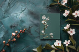 Stylish elegant flat lay dark green floristic greeting invitation post card with copy space mockup.