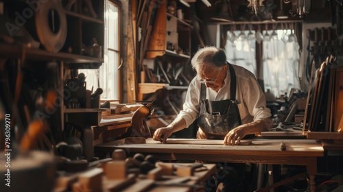 A man focused on crafting wood in a workshop, ideal for woodworking projects © Fotograf