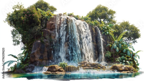 A waterfall is surrounded by lush green trees and rocks