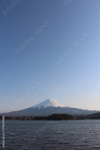 Mount Fuji with sunny blue sky and lake in Japan