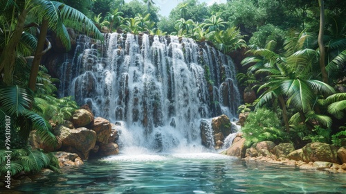 A waterfall is flowing into a river in a lush jungle